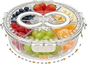 lot 321469 image: Rotating Divided Serving Tray with Lid & Handle, 6 Compartment Snack Box Container,Portable Snack Organizer for Fruits, Candy, Veggies   Ideal for Kitchen, Party, Travel, Picnic (1 Pack)