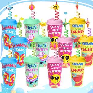 lot 321471 image: 24 Sets Summer Pool Beach Birthday Party Decorations Cups with Straws Bulk, 16 OZ Pool Reusable Plastic Cups with Lids, Summer Party Favors Supplies End of Year Student Gifts for Kids