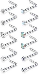 lot 321490 image: MODRSA Nose Studs 18g & 20g - L-Shaped Surgical Stainless Steel Diamond Studs for Women & Men - Corkscrew Nose Rings