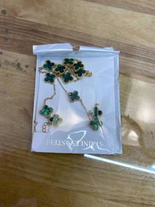 lot 421520 image: Clover Jewelry Set 3 PC - 18K Gold Plated Stainless Steel Y Necklace Four Leaf Pendant, Clover Link Bracelet Charm, Flower Earrings, Hypoallergenic Non-Tarnish,Simple