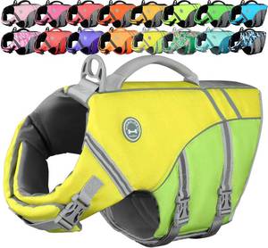 lot 421521 image: VIVAGLORY Dog Life Vest Sports Style Dog Swim Vest, L, Yellow Grey  Lifejacket with Leash Ring & Handle for Swimming & Boating, Reflective Adjustable for Puppy Doggy Cat