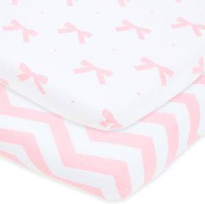 lot 421532 image: Joey  Joan Pack and Play Sheets Fitted   for Graco Pack n Play Playard   2 Pack   Buttery Soft 100% Cotton Mini Crib Mattress Sheets Set for Baby Girl   Pink Bows, Chevron