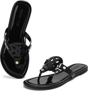 lot 421548 image: Stratuxx Kaze Womens Dressy Patent Leather Thong Sandals with Memory Foam,Comfy Beach Slides Slip On Flat Sandals for Women