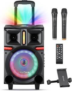 lot 421554 image: Retails for $152 HEARTSEA Karaoke Machine, 8 Woofer Portable PA System, Bluetooth Speaker with 2 Wireless Microphones, Lyrics Display Tablet Holder, Party Lights & EchoTrebleBass Adjustment Support RECAUXUSBTF