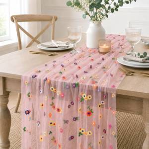 lot 421561 image: Floral Table Runner Embroidery Daisy Spring Summer Pink Gauze Table Decor 10ft Seasonal Flower Tulle Sheer Kitchen Dining Wedding Anniversary Holiday Birthday Dining Table Decorarion