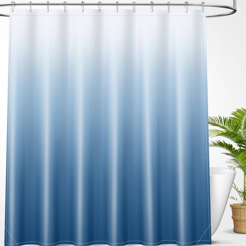 lot 1068 image: OLANLY Luxury Blue and White Ombre Shower Curtain Sets with 12 Hooks, Waterproof and Washable Decorative Shower Curtains for Bathroom, 72x72 Inches - Retail $18