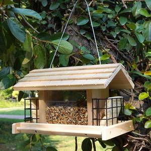 lot 1004 image: Liawm Wooden Bird Feeder for Outdoors Hanging Mount Large Capacity, Pine Garden Roof Feeder with 2 Suet Cages, Cardinal Bluebird Birdfeeder for Garden Decoration Yard, Weatherproof Durable - Retail $33