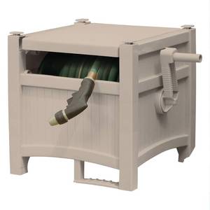 lot 1030 image: Suncast Garden Hose Reel Hideaway for 58 Vinyl Hose, Retracting Storage of 100ft, Light Taupe - Retail $67