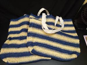 lot 1112 image: Striped Woven Tote Bag with Handles Navy Blue and Natural - Retail $12