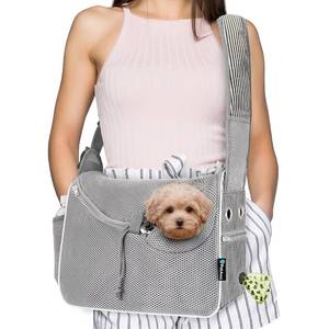 lot 1135 image: PetAmi Dog Sling Carrier for Small Dogs Under 10 lbs, Hands Free Crossbody Puppy Cat Carrier for Travel with Breathable Mesh, Padded Strap, Removable Sherpa Bed, Pockets & Poop Bag Dispenser, Stripe - Retail $28