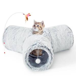 lot 1141 image: Tempcore Plush Cat Tunnel for Indoor Cats, 3 Way Collapsible Pet Play Tunnel with Teaser Wand, Peek Holes & Hanging Ball, Interactive Tube for Kittens & Rabbits, Light Grey - Retail $24