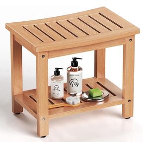 lot 1039 image: KingPavanini Bamboo Shower Bench with Storage Shelf - Retail $60