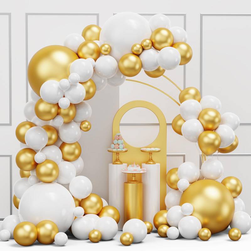 lot 2010 image: White and Gold Balloons Garland Arch Kit, 134pcs Metallic Gold and White Balloons with Different Size for Wedding, Engagements, Birthday, Graduation, Baby Shower, Anniversary Party Decorations Retail $9.99