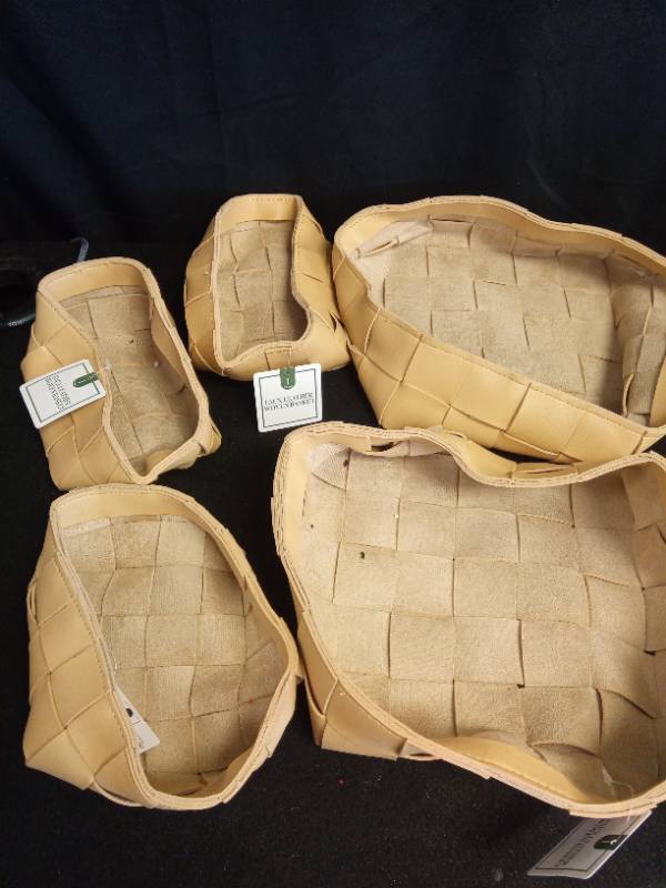 lot 2012 image: 5 Woven Faux Leather Storage Basket Set2 Large3 Small - Retail $35