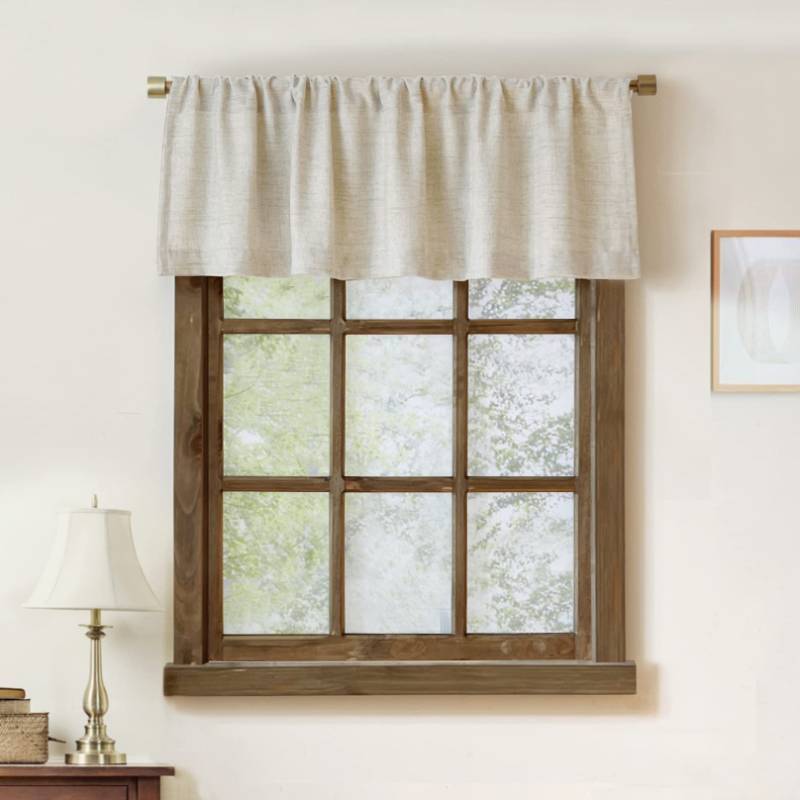 lot 2042 image: Faux Linen Valance for Windows Kitchen Living Room Valances Rod Pocket Farmhouse Country Rustic Bathroom Small Window Treatment (54x15 inch, Natural) - Retail $13