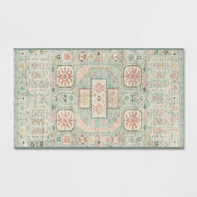 lot 2045 image: 23x39 Washable Persian Style Accent Rug Green - Threshold Indoor Throw Rug, Machine Washable, Flat Pile - Retail $25