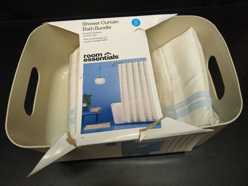 lot 2065 image: 15pc Plaid Shower Curtain Rings  Ivory - Room Essentials - Retail $25