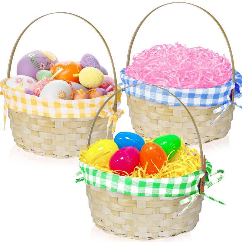 lot 2024 image: 2 PCS Easter Bamboo Baskets with Plaid Lining and Handle Easter Bunny Gifts for Easter Egg Hunt, Kids Party Treats, Filling with Party Favors, Spring Party Favors, Outdoor Activity Prizes - Retail $22