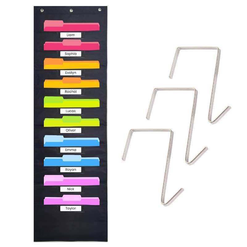 lot 2033 image: Black Pocket Chart for Classroom - 10 Pocket Storage Rainbow Pocket Charts , 3 Over Door Hangers Included, Hanging Wall File Organizer for File Folders, School Mailbox, HomeOffice Papers Retail $14.96