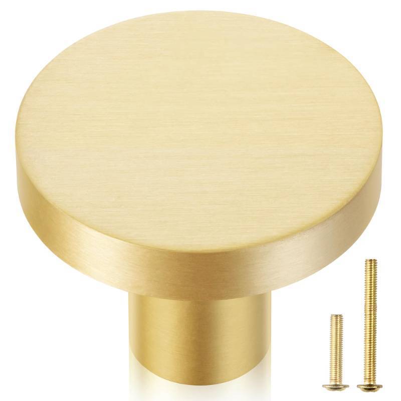 lot 2017 image: QOGRISUN 5-Pack Solid Brass Cabinet Knobs, 1-Inch Diameter, Round Gold Dresser Drawer Pulls Handles, Modern Kitchen Hardware, Brushed Brass Finish - Retail $13