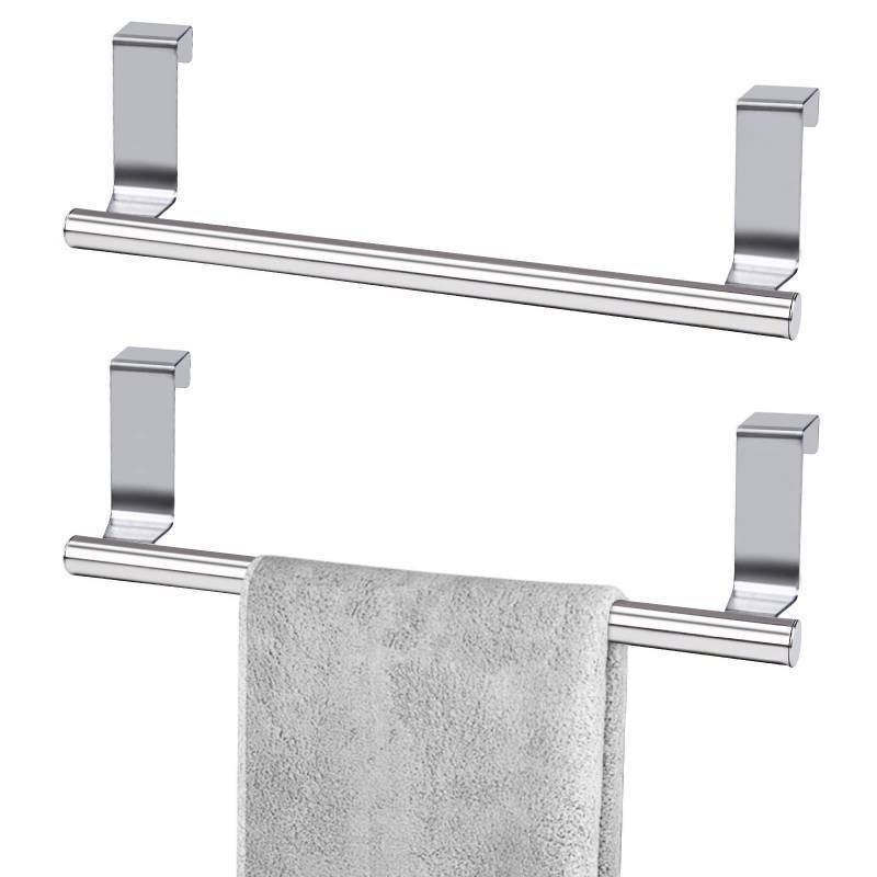 lot 2021 image: Over The Door Towel Rack, Kitchen Towel Holder, Stainless Steel Dish Towel Holder, Over Cabinet Towel Bar for Bathroom Cupboard, 2 Pack (2Small-Silver) - Retail $9