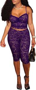 lot 4017 image: Uni Clau Womens Sexy Lace 2 Piece Set Sleeveless Tank Top and Capri Pants Mesh Bodycon Two Piece Outfits Club Matching Set. Purple Small