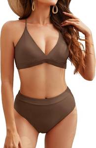 lot 4024 image: Women High Waisted Bikini Sets Criss Cross Back V Neck Bathing Suits High Cut Two Piece Swimsuits Coffee Large