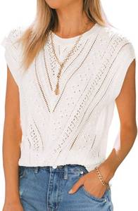 lot 4031 image: Langwyqu Womens Cap Sleeve Tops Summer Crew Neck Shirt Lightweight Crochet Knit Sweater. Baby Blue Medium