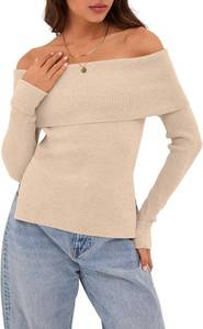 lot 4037 image: ZAFUL Womens Off The Shoulder Pullover Sweater Long Sleeve Fall Ribbed Knit Tops Sexy. Tan 8-10