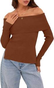 lot 4038 image: ZAFUL Womens Off The Shoulder Pullover Sweater Long Sleeve Fall Ribbed Knit Tops Sexy Rust 8-10
