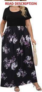 lot 4039 image: Nemidor Plus Size Maxi Dresses for Curvy Women Casual Short Sleeve Chevron Print Long Dress with Pocket Color is Black Peoney. Size 24