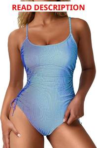lot 4041 image: Viottiset Womens Ruched Drawstring One Piece Swimsuit Tummy Control High Cut Bathing Large Suit. Pink and Blue