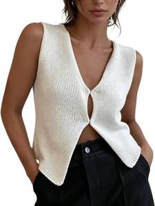 lot 4046 image: Womens Vintage Knittd Tank Vest Crop Top Sleeveless V-Neck Open Front Button Crochet Knit Vests Versatile Tops White Large