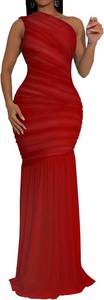 lot 4050 image: Memoriesea Womens Sexy One Shoulder Mesh Ruched Bodycon Formal Cocktail Maxi Dress Red. Size Large