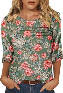 lot 4054 image: KISSMODA Womens Casual 34 Sleeve T-Shirts Round Neck Cute Tunic Tops BasicPleated Summer Tops Trendy Spring Blouses Light Green Medium