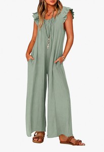 lot 4055 image: ZESICA Womens Summer Loose Sleeveless Jumpsuits Linen Adjustable Straps Oversized Wide Leg Long Overall Rompers with Pockets Sage Small