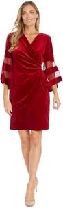 lot 4067 image: R&M Richards Womens Stretch Velvet Wrap Evening Dress WSheer Angel Sleeves - Knee-Length Red - Size 12