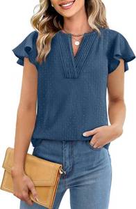 lot 4076 image: PRETTYGARDEN Womens Casual Ruffle Sleeve Pleated V Neck Shirts Dressy Swiss Dot T-Shirts Crochet Blouse -Blue Size XL