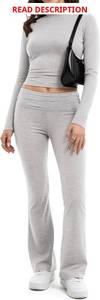 lot 4087 image: MANGOPOP 2 Piece Lounge Sets for Women Fold Over Flare Pants Long Sleeve Top V-Cut Flare Leggings Fall Pajamas Casual Outfits Dark Grey Small