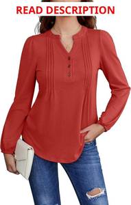 lot 4090 image: Cnlinkco Long Sleeve Shirts for Women Buttons V Neck Hide Belly Blouses Fashion Casual Loose Fit Pleated Tunic Tops. Blue Large