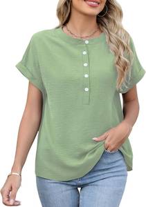 lot 4091 image: Deer Lady Summer Tops for Trendy Short Sleeve Loose T Shirt Dressy Casual Button Up Crew Neck Henley Blouses Top Light Green - Size Large