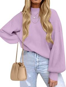 lot 4092 image: ZESICA Womens Casual Turtleneck Long Lantern Sleeve Oversized Ribbed Knit Pullover Sweater Jumper Top Purple XL