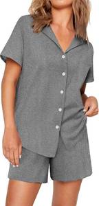 lot 4105 image: Ekouaer Womens Ribbed Knit Short Sleeve 2 Piece Pajama Set with Pockets - Gray Size Medium