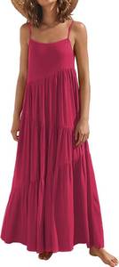 lot 4107 image: Womens Loose Sleeveless Spaghetti Strap Asymmetric Tiered Maxi Dress Pink Size Medium