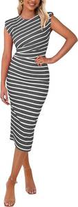 lot 4115 image: PRETTYGARDEN Womens Dresses Summer Casual Sleeveless Crewneck Slim Ruched Striped Knit Slit Midi Bodycon Dress - Dark Grey with White Stripes Size XL