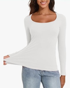 lot 4120 image: Womens Casual Long Sleeve Stretch Scoop Neck Ribbed T-Shirt Slim Fit White - Size Medium