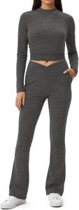 lot 4127 image: MANGOPOP 2 Piece Lounge Fold Over Flare Pants Long Sleeve Top V-Cut Flare Leggings Fall Pajamas Gray - Size Small