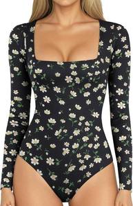 lot 4128 image: MANGOPOP Womens Square Neck Short Sleeve Long Sleeve Bodysuit - Black Size XL