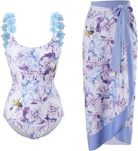 lot 4129 image: One Piece Swimsuit with Beach Cover up Wrap Skirt Sarong Retro Blue Floral Print - Size Small