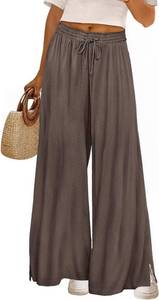 lot 4138 image: YESNO Wide Leg Woolen Pants Fall Elastic High Waist Casual Palazzo Trousers with Pockets and Side Split - Coffee Size XXL